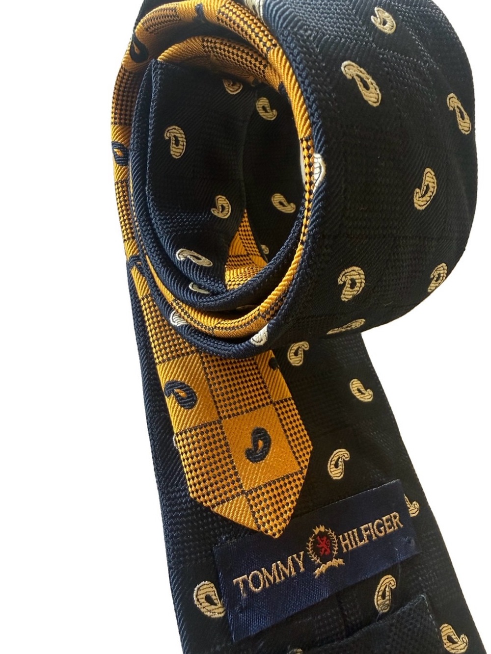 Tommy Hilfiger 100% Silk Tie Navy Paisley Mustard Gold Check Men’s Necktie USA